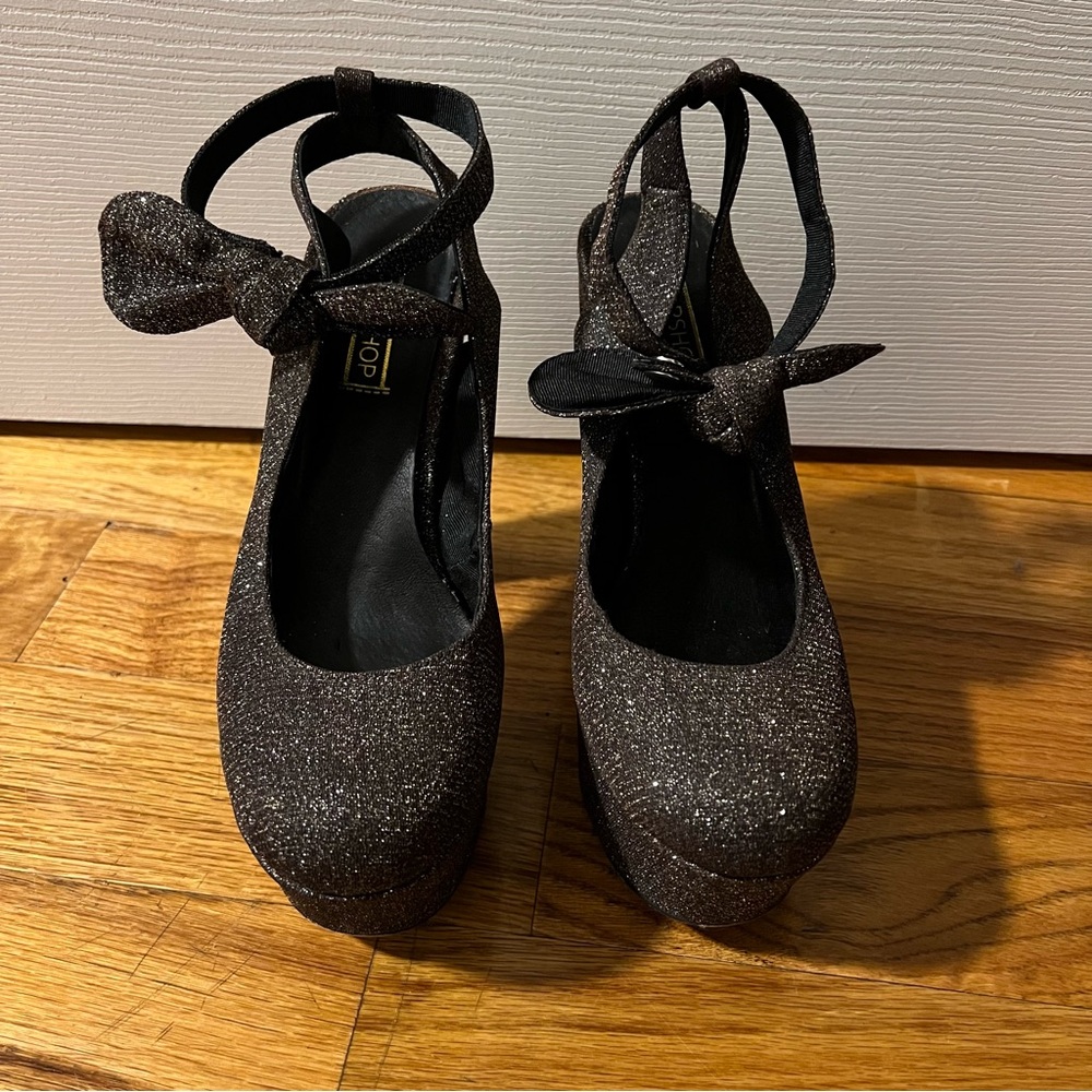 Topshop Black Glitter Sparkle Platform High Heels Size 38